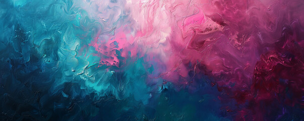 Abstract oil painting technique featuring glowing pink and teal textures. The vibrant colors create a dreamy and ethereal composition, highlighting the intricate texture of the oil paint.