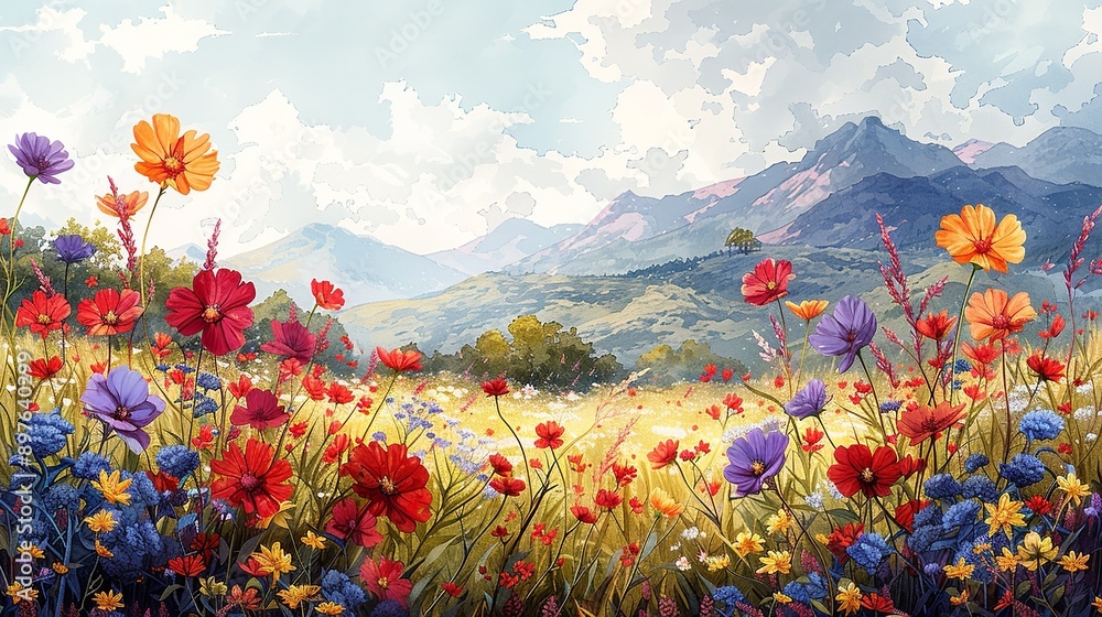 Canvas Prints The serene, tranquil beauty of a sunlit meadow, with vibrant wildflowers in full bloom, their colors painting the landscape in a picturesque array of red, yellow, and purple hues Watercolor style,