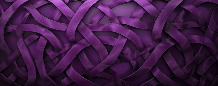 A deep purple background featuring a pattern of interlocking lines, adding complexity and depth to the design.