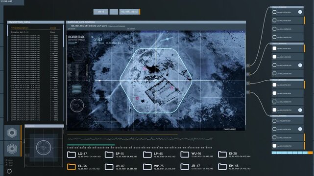 Tracking Software. Live Satellite Camera Footage was accessed. The Satellite is Flying Above the Sandy Desert. The Satellite is Locating the Military Objects. Data Encryption. User Interface.