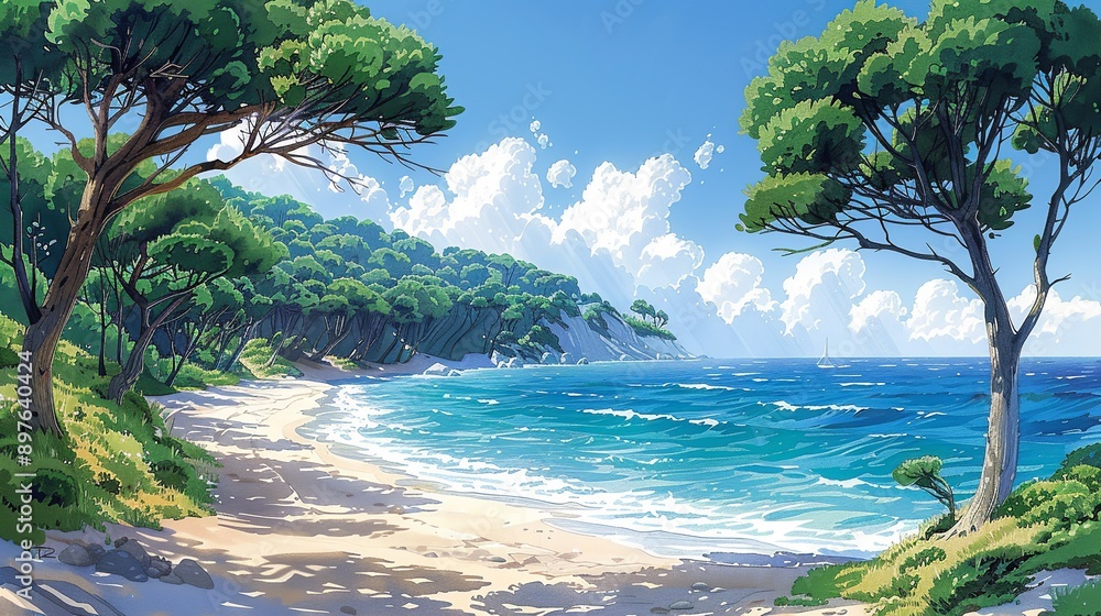 Wall mural The tranquil beauty of a coastal grove, with verdant trees swaying gently in the ocean breeze, their leaves shimmering in the sun, and waves lapping against the sandy shoreline Watercolor style, high