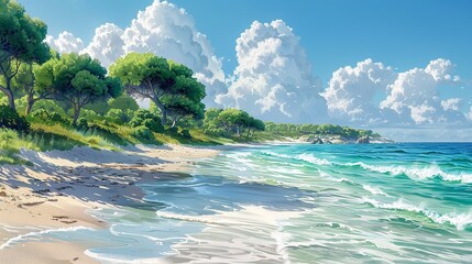 The tranquil beauty of a coastal grove, with verdant trees swaying gently in the ocean breeze, their leaves shimmering in the sun, and waves lapping against the sandy shoreline Watercolor style, high