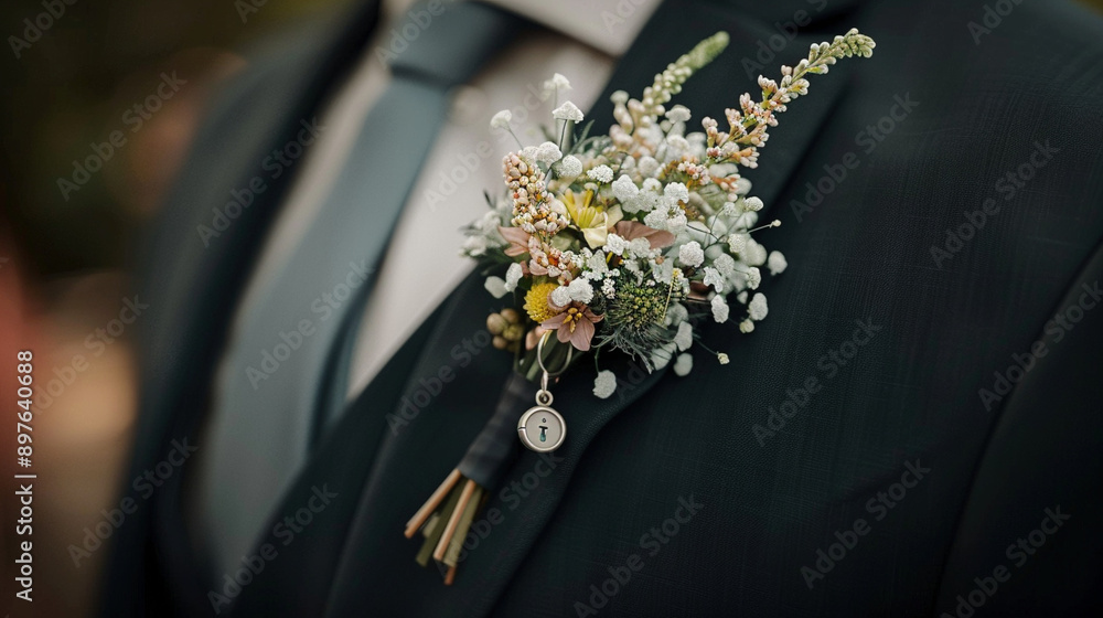 Wall mural secret love blossoms: the bride's hidden token in the groom's boutonniere