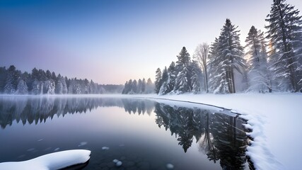 Winter scene of river flowing through snowy forest with frosted trees