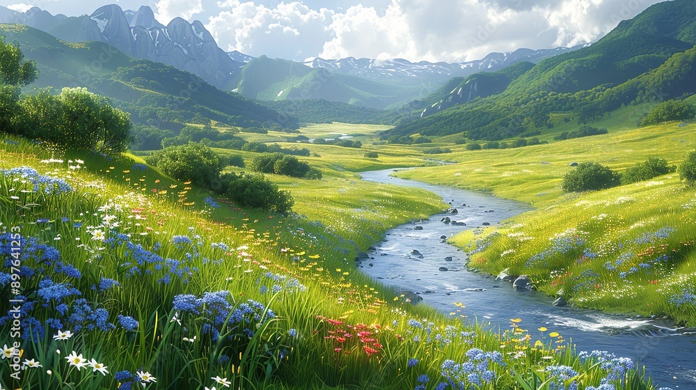 Poster A picturesque river winding its way through a lush, verdant valley, with vibrant wildflowers blooming along its banks and the landscape bathed in the warm, golden light of the sun Watercolor style,