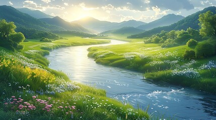 Fototapeta premium A picturesque river winding its way through a lush, verdant valley, with vibrant wildflowers blooming along its banks and the landscape bathed in the warm, golden light of the sun Watercolor style,