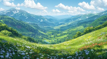 Fototapeta premium A picturesque valley nestled between rolling hills, covered in a lush, green carpet of grass and wildflowers, with a clear, babbling river winding its way through the landscape Watercolor style, high