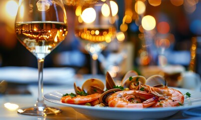 Delicious seafood with wine in restaurant