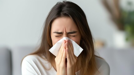 Young woman sneezing into a tissue. Health and illness concept, allergies and common cold symptoms.