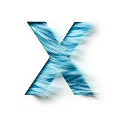 Photograph of the capital letter X made of blue faux fur on a white background. The bright and original design creates an attractive visual effect, ideal for creative projects, logo design.