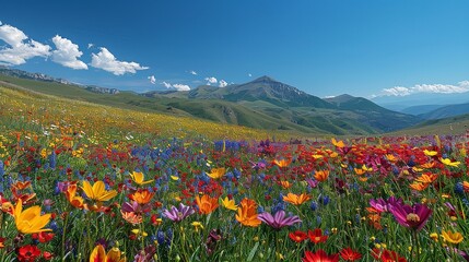 A vibrant, blooming meadow filled with wildflowers in full bloom, their colors painting the landscape in a picturesque array of red, yellow, and purple hues, under a clear blue sky Watercolor style,