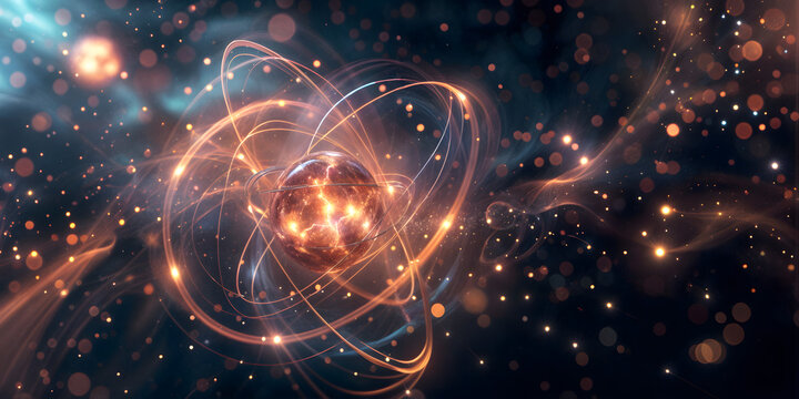 Glowing atomic particle with energy trails in space