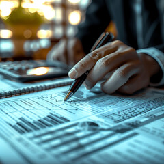 Accounting company, businesswoman working with calculator, the man is sitting at the table, holding a pen and paper, while looking intently at a calculator, people is working on a paper