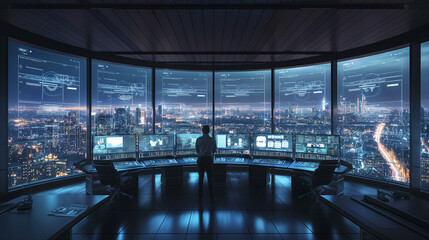 High-Tech Control Room Overlooking City