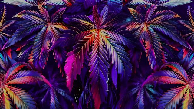 video of dark backdrop featuring glossy, metallic, and neon elements, adorned with repeated patterns of marijuana leaves and cannabis for a high-contrast appearance