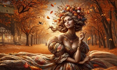 An allegory of autumn, autumn in the form of an attractive woman in luxurious clothes in an autumn park