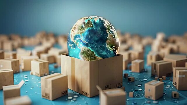 video of Earth world map surrounded by cardboard, The concept of parcel delivery around the world, blue background