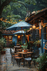 Obraz premium Charming Outdoor Café in Rainy Alleyway with Warm Lights and Cozy Ambiance