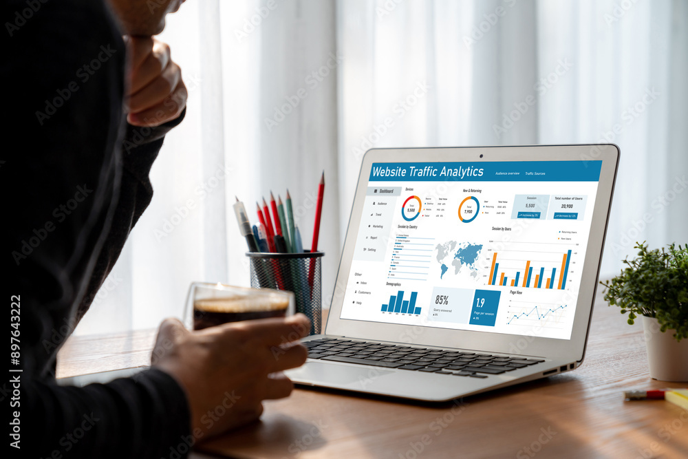 Poster computer software for website traffic analytics data on computer screen. concept of seo search engin
