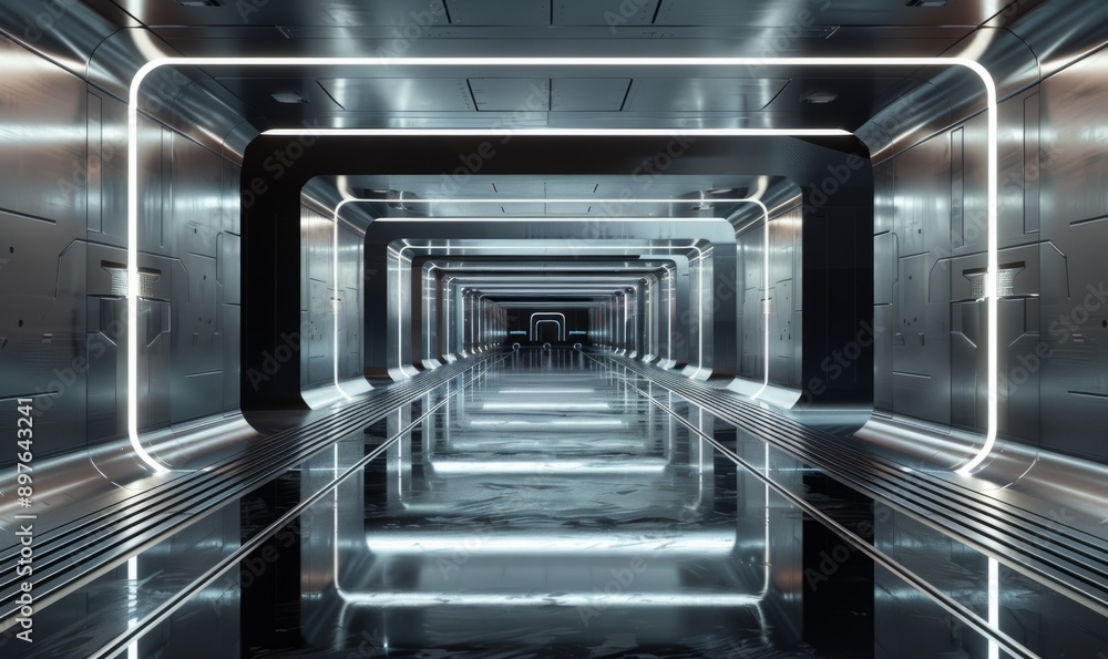 Poster futuristic sci-fi scene with mirrored portals, bending reality and perception in a labyrinthine spac