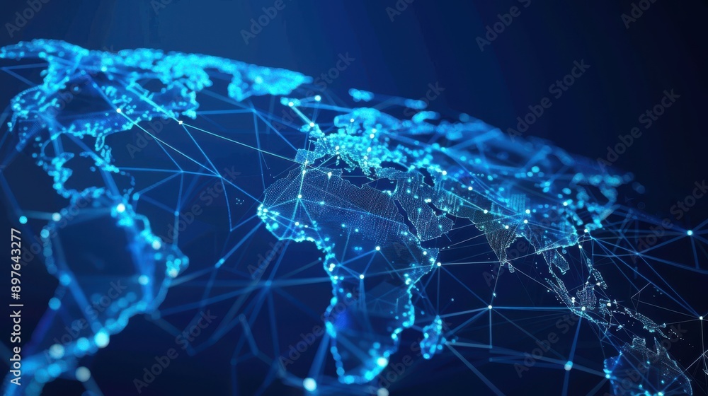 Poster low poly map world grid lines points blue background