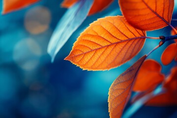 Obraz premium Sharp focus on orange autumn leaves contrasting against a vibrant blue background in nature.