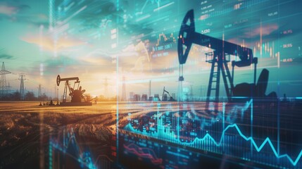 Oil pump silhouettes against a sunset backdrop with overlaid financial charts depicting rising oil prices. Generative AI