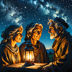 Fototapeta premium Dramatic 3D Scene: Weathered Faces Share Tales Under Starry Sky on International Day of Friendship