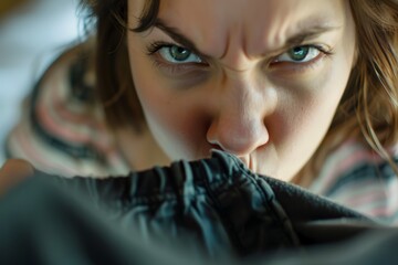 A close-up of a woman's face with an intense, furrowed expression as she looks directly at the camera over a cloth