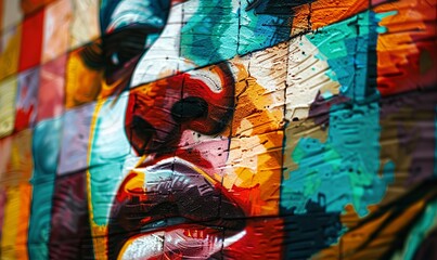 Urban street art depicting social justice themes, with bold colors and striking messages