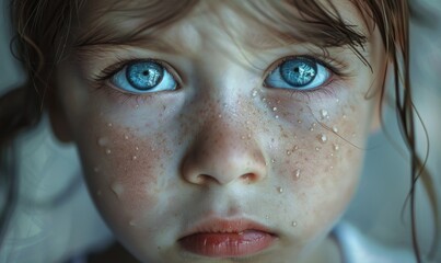 Vulnerability in the tearful eyes of a child seeking comfort, their expression heart-wrenching