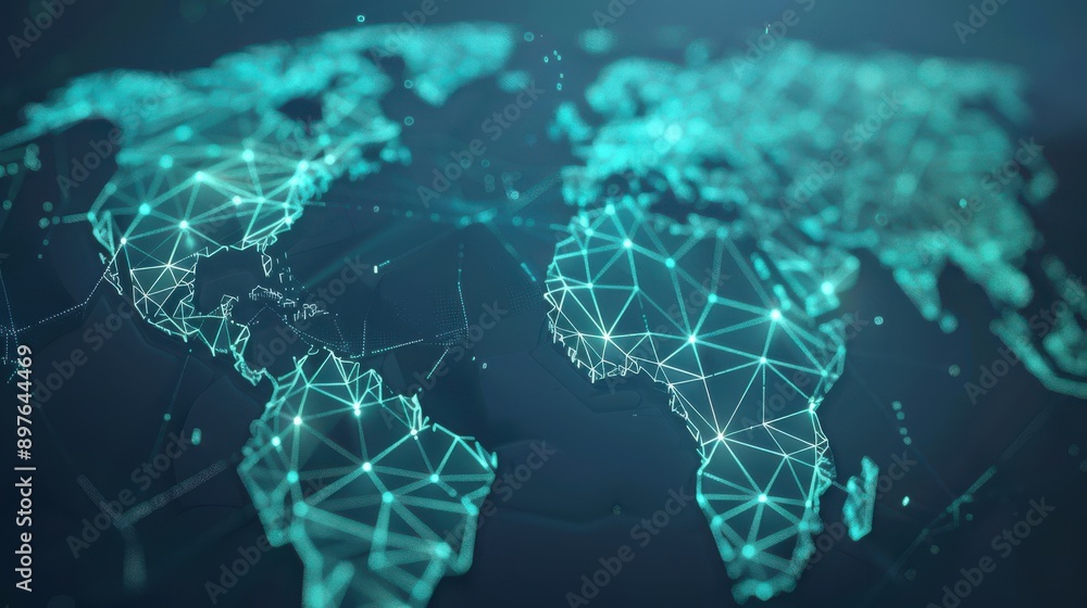 Poster low poly map world grid lines points blue background