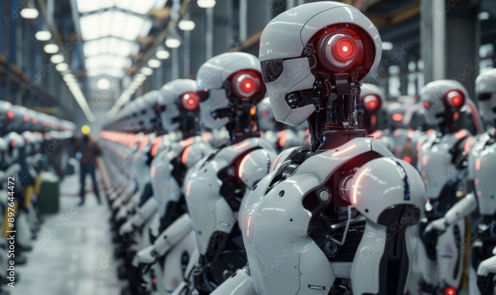 Poster advanced humanoid robots working alongside humans in a bustling factory, illustrating the integratio