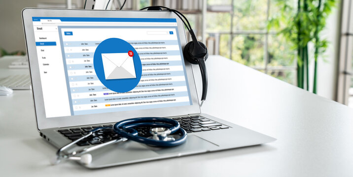 Email notification message showing on computer screen snugly. Digital marketing message information text from business to customer client