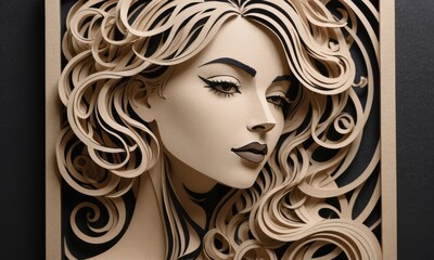 Papercraft Paper-Cut Portrait of Woman's Face with Serene Expression and Curly Hair