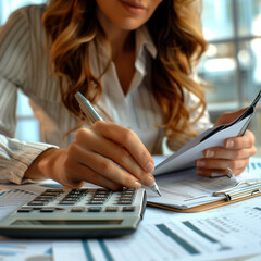 Accounting company, businesswoman working with calculator, the man is sitting at the table, holding a pen and paper, while looking intently at a calculator, people is working on a paper
