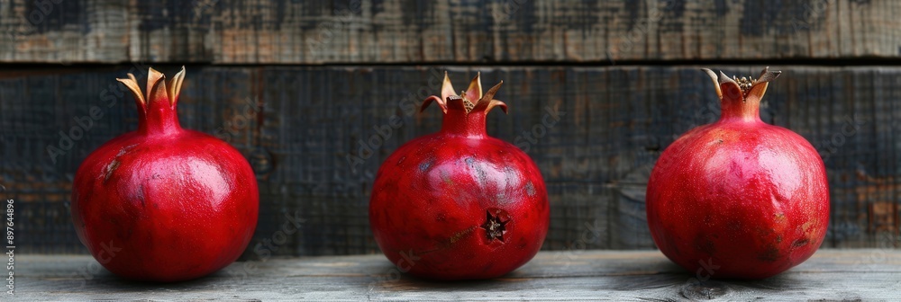 Poster Three ripe pomegranates sit on a rustic wooden surface, their red skin gleaming in the light. The pomegranates are arranged in a row, with their tops facing the viewer. Generative AI