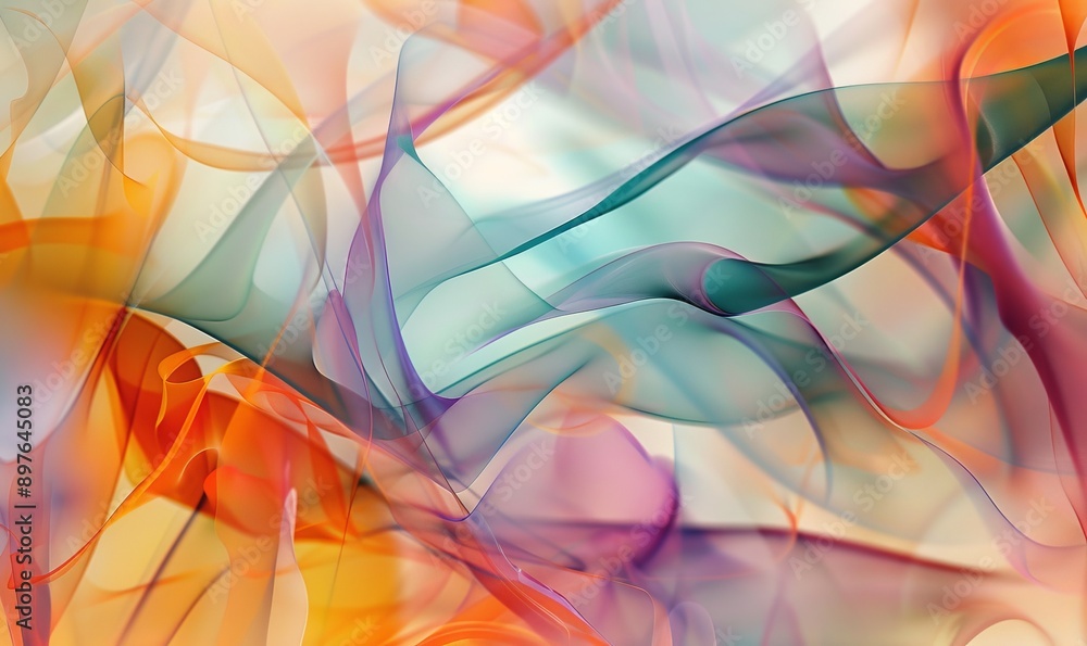 Poster abstract art featuring layers of translucent shapes and vivid colors, creating a sense of depth and 