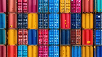 Fototapeta premium A wall of brightly colored shipping containers stacked high at a port