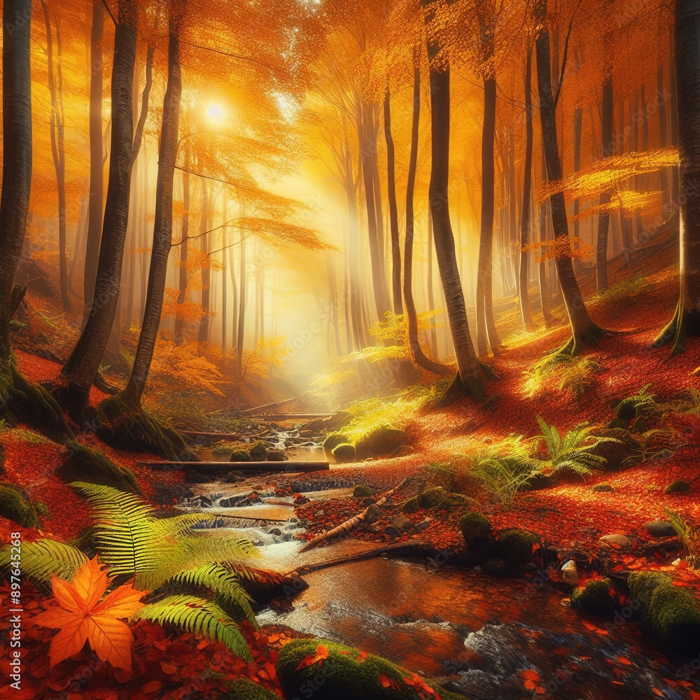 Poster stream in the autumn forest with colorful trees