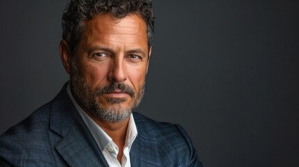 Obraz premium A man with curly gray hair and a beard is wearing a blue suit jacket over a white shirt