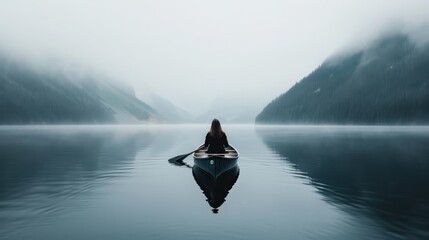Fototapeta premium A solo adventurer paddling a canoe across a misty lake with mountains in the distance, surrounded by stillness and nature, representing exploration and peace.
