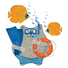 Cat diver in mask and flippers with lifebuoy in paws. Cat underwater near yellow fish and bubbles. Vector illustration of cute animal and fish. For t-shirts, clothes, greeting cards © Natali