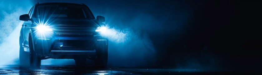 A Modern SUV Driving Through Fog at Night With Bright Headlights