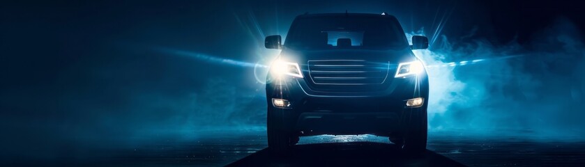 Front View of a Modern Truck Driving at Night With Headlights On