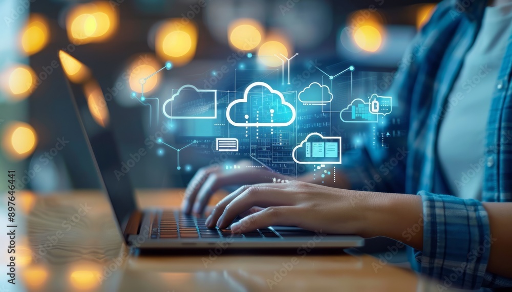 Poster person using laptop with cloud computing icons in office setting