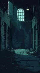 A dark and foreboding scene of an abandoned asylum. ,Dark Color light ,vectorline design , illustration , Mobile Wallpaper