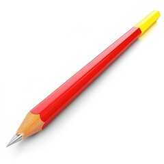 A red pencil with a sharpened graphite tip lies diagonally on a white background. The pencil has a vibrant red body with a hexagonal shape, and a yellow eraser cap at the opposite end of the tip. The 