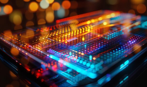Digital illustration of a holographic language translation matrix that is displayed over the tablet, against a clear background, representing advanced technology in linguistics
