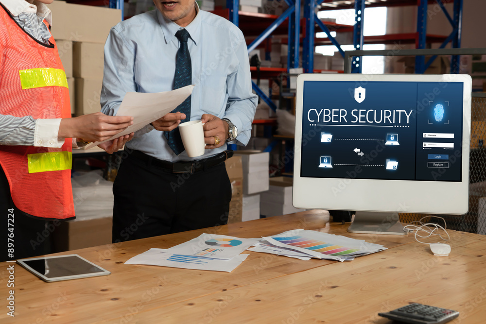 Poster cyber security system on computer screen protect private information snugly from hacker and cyber at